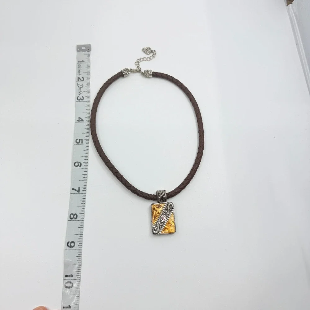 VTG Amber & Silver Resin Statement Necklace with Braided Leather Pendant